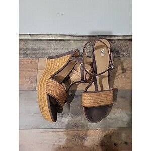 Ugg Fitchie Brown Leather Platform Wedge Sandals Espadrille Shoes Size 10